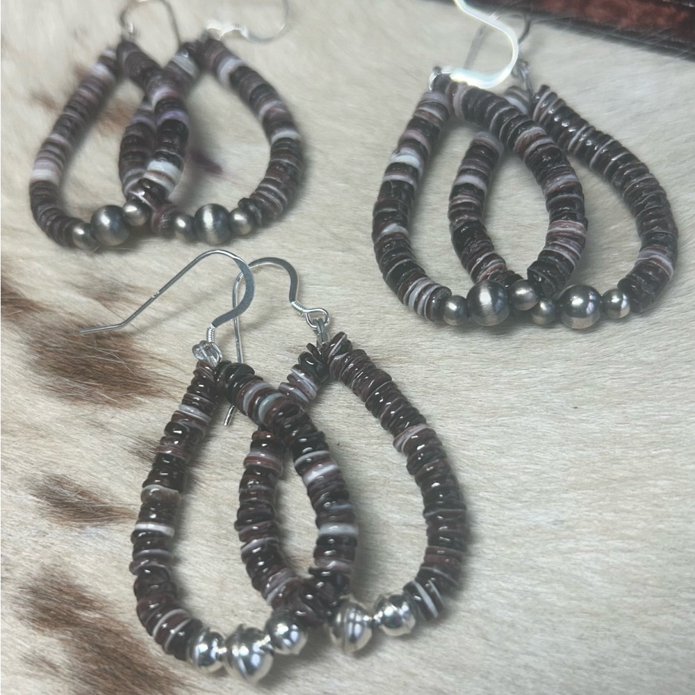 Native American Purple Wampum Heishi Beads & Sterling Silver 2” Dangle Earrings